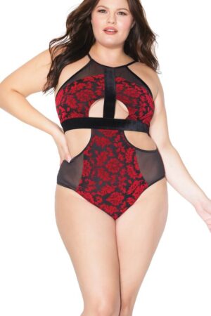 Elegant Floral Embroidered And Mesh Cutout Halter Teddy