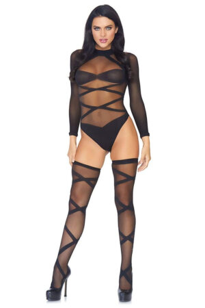 Sheer Criss Cross Teddy and Matching Thigh High Set